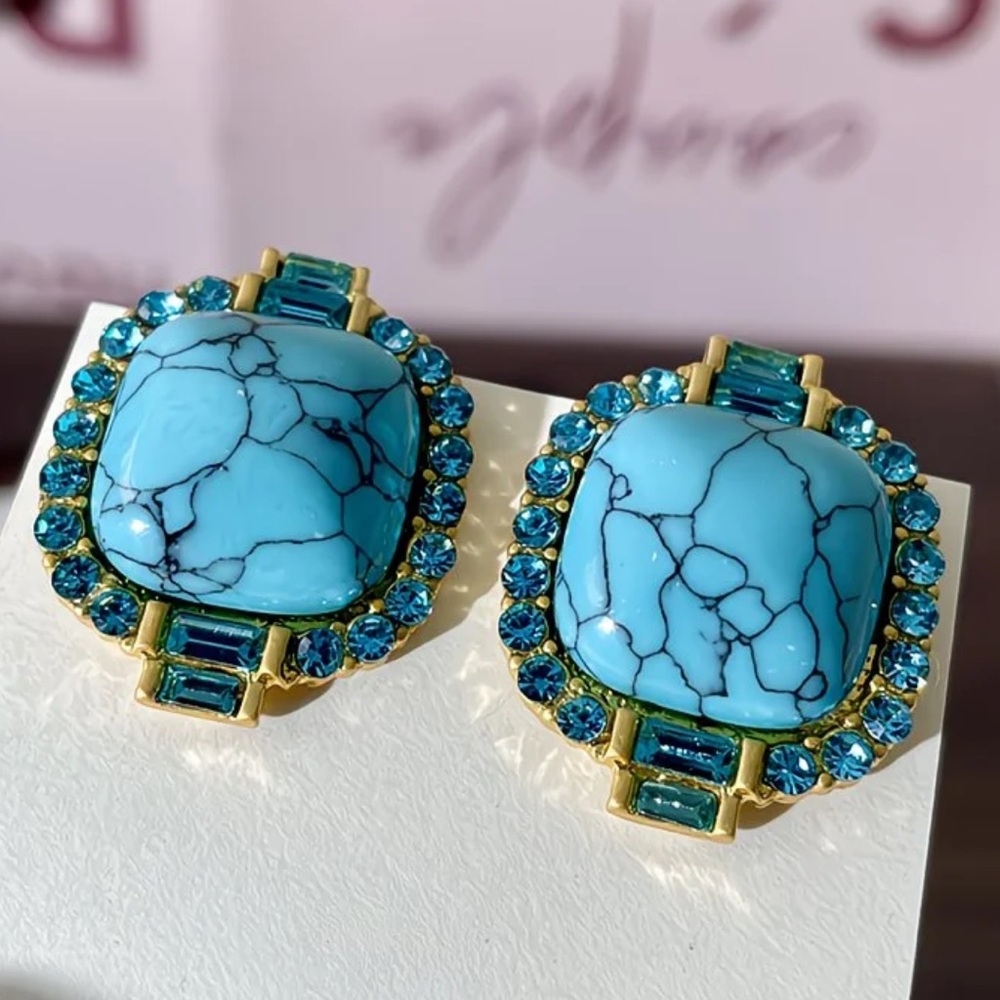 🩵 Turquoise Statement Earrings Gold Crystal Studs Vintage Style Bold Jewelry - Picture 8 of 8